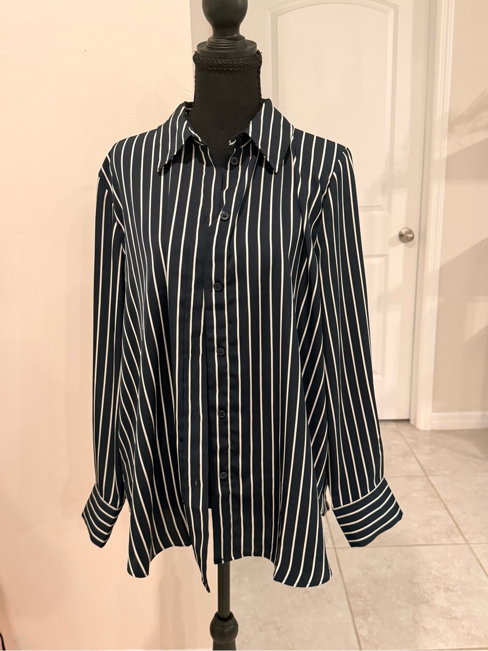 H&M Navy and White Vertical Stripe Button-Down Shirt